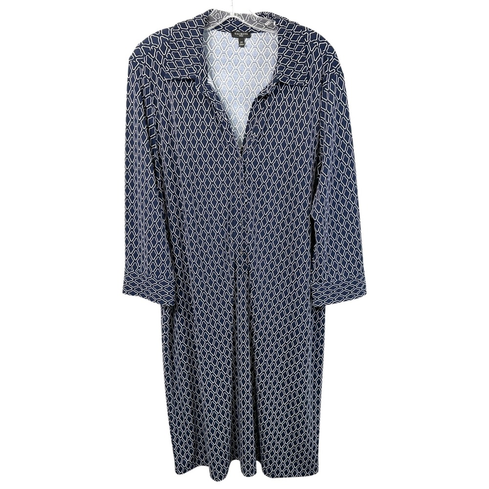 Talbots Plus Size 2X Midi Dress Navy Blue White Geometric Office Modest 1294